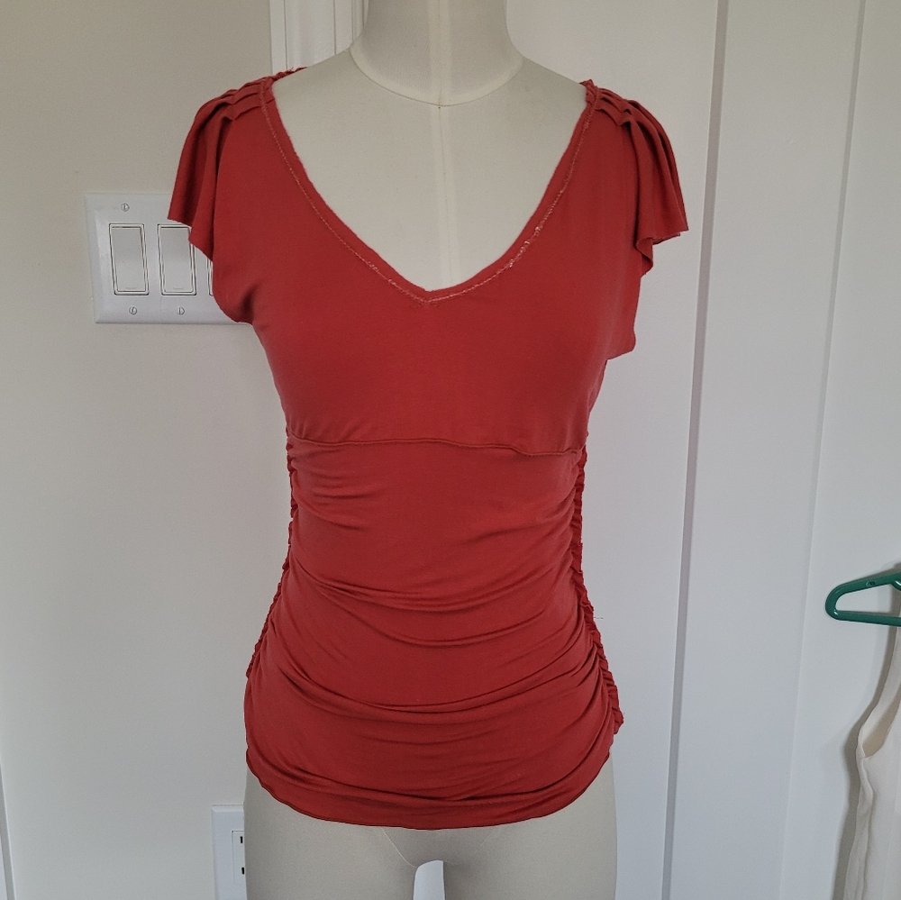 Max Studio Blouse Orange Coral Flutter Cap Sleeve Sequin Detail Ruched S… - Picture 9 of 9